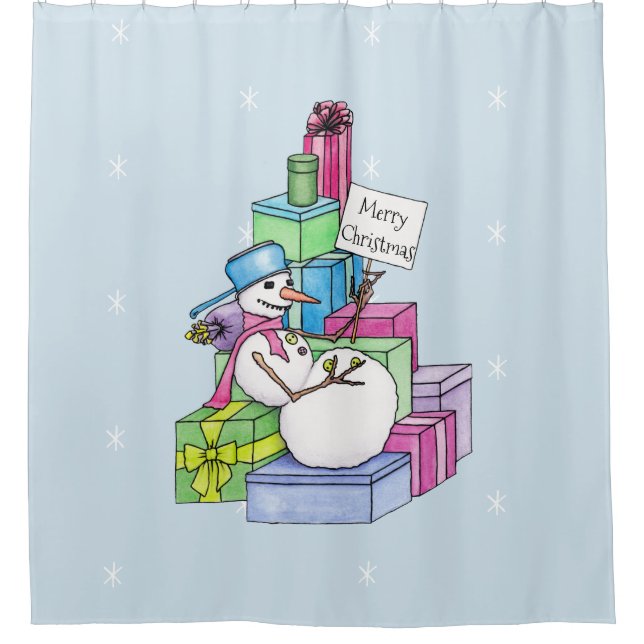 Snowman chilling on presents shower curtain (Front)