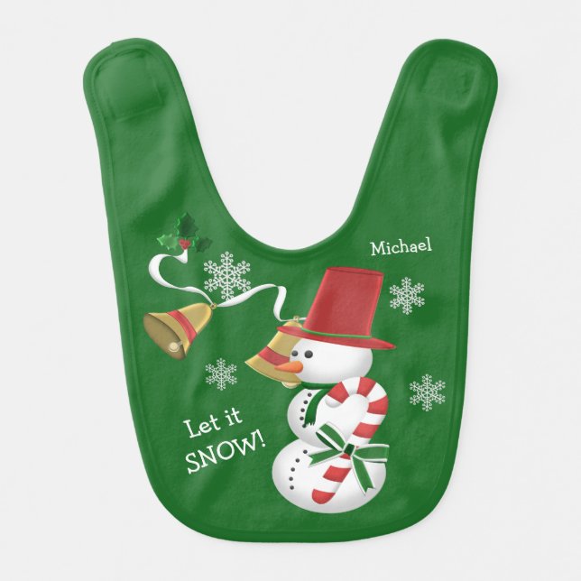 Snowman Christmas Bells Baby Bib (Front)