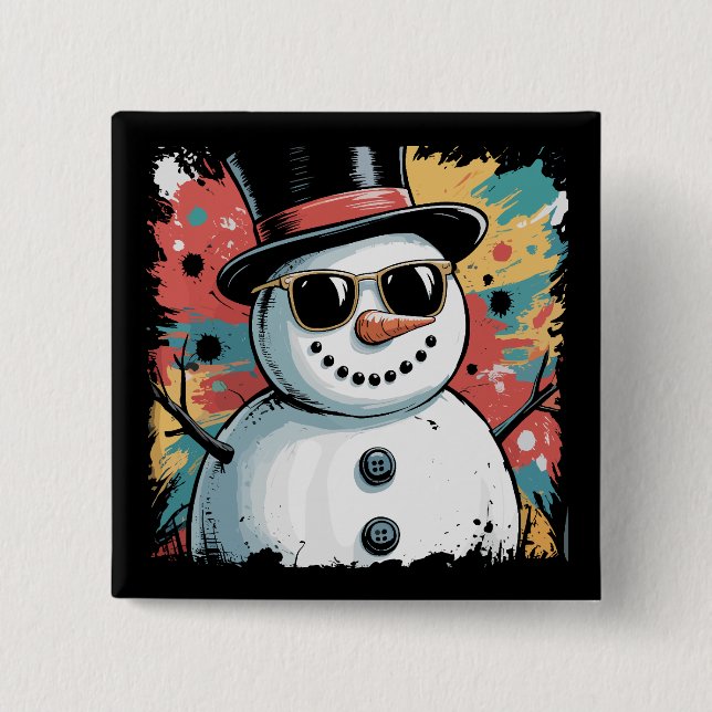 Snowman Christmas Brushstroke Splatter Cool Winter Button (Front)