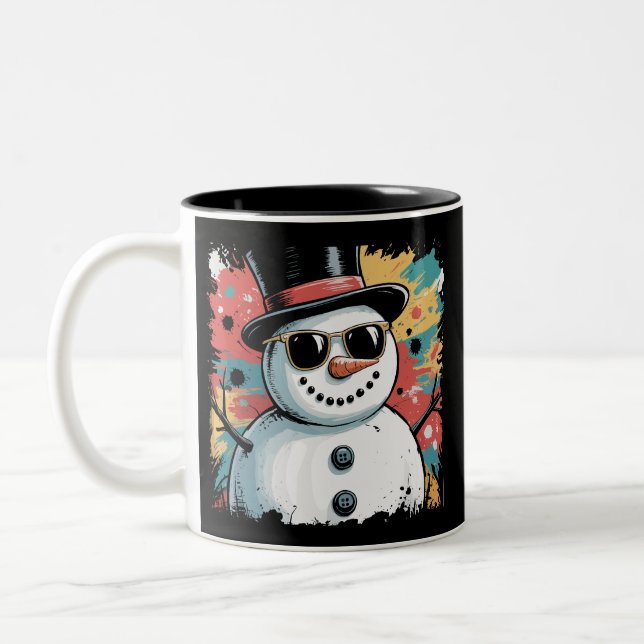 Snowman Christmas Brushstroke Splatter Cool Winter Two-Tone Coffee Mug (Left)