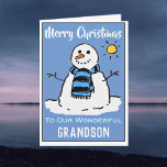 Snowman Christmas Card. Happy Christmas Grandson Holiday Card<br><div class="desc">Happy Christmas Grandson. Fun snowman cartoon on a festive Christmas card. Christmas card for our wonderful Grandson.</div>