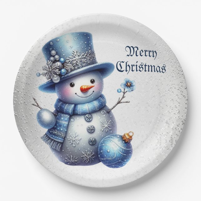 Snowman Christmas Elegant Winter Holidays Paper Plates (Front)