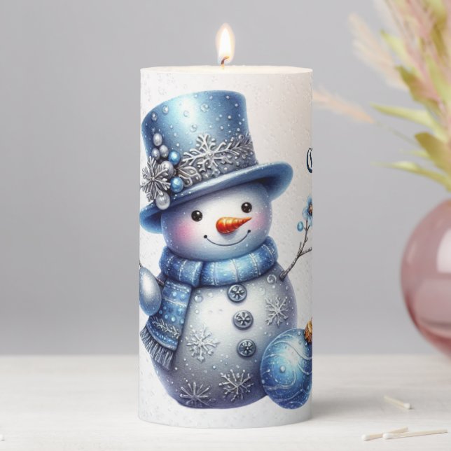 Snowman Christmas Elegant Winter Holidays Pillar Candle (In Situ)