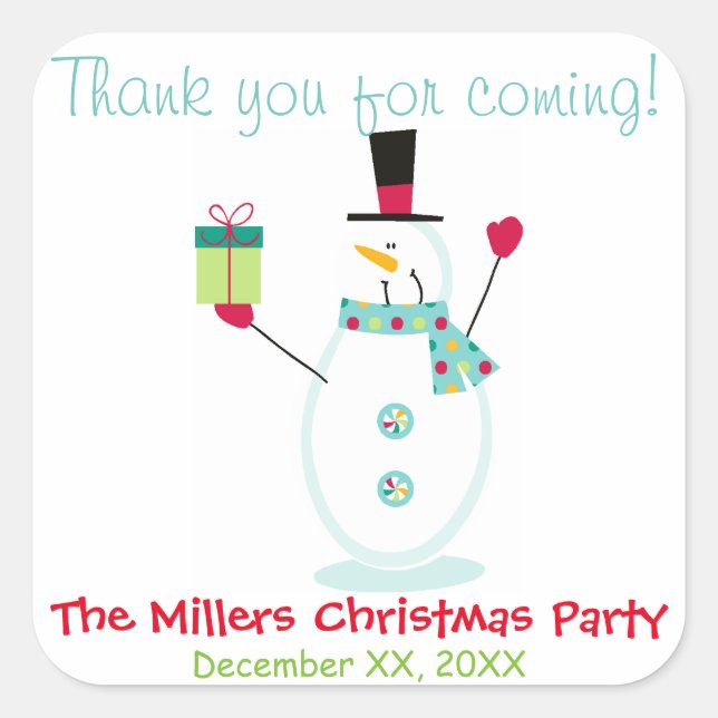 Snowman Christmas Holiday Party Favor Square Sticker (Front)