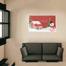 Snowman & Christmas House Winter Scene Rug