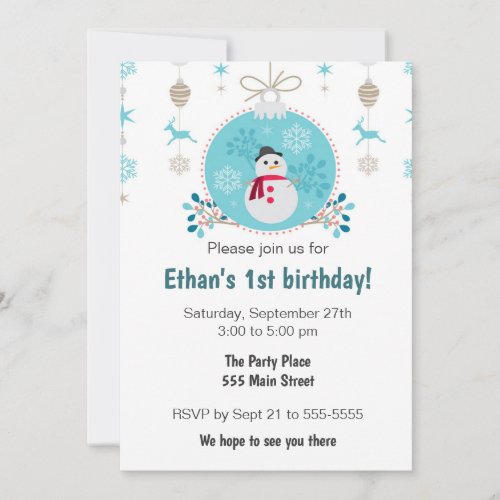 Snowman christmas kids birthday party invitation