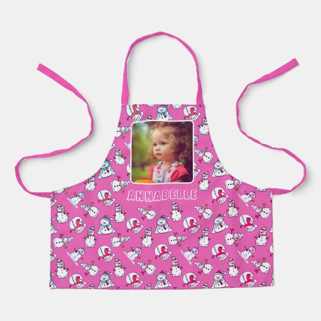 Snowman Christmas Name And Photo Girly Pink Apron (Front)