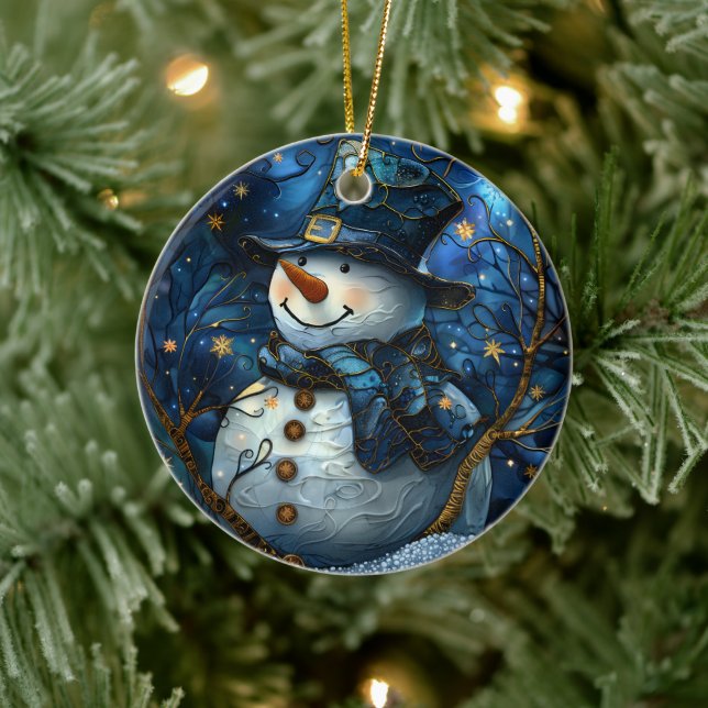 Snowman Christmas Ornament Blue Faux Stained Glass (Tree)