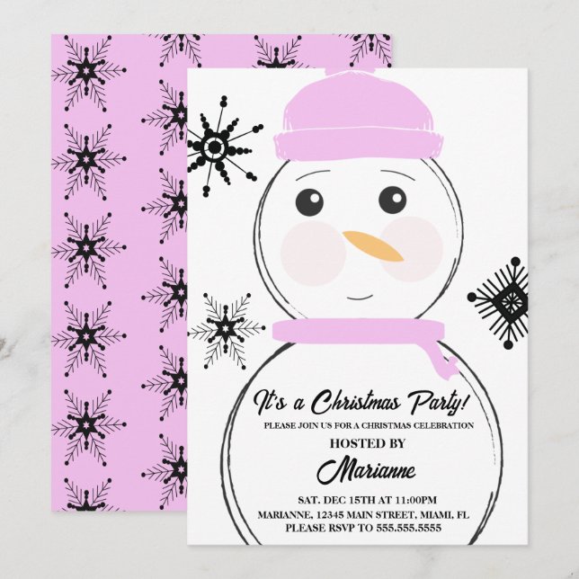 Snowman Christmas Party Pink Scarf Hat Invitation (Front/Back)