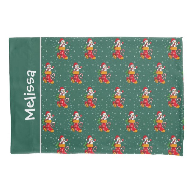 Snowman Christmas Pattern Red Green Custom Name Pillow Case (Front)