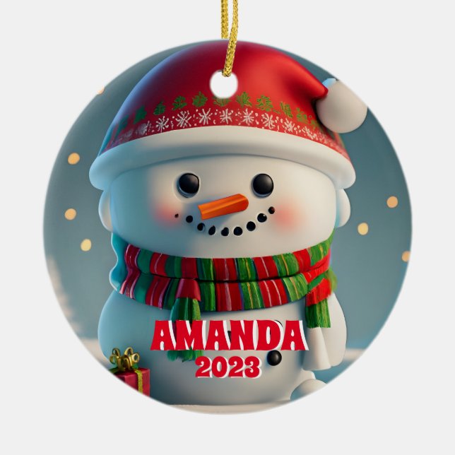 Snowman Christmas Personalized Kids Photo Ceramic Ornament (Front)