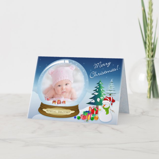 Snowman Christmas PHOTO Snow Globe Card (Front)