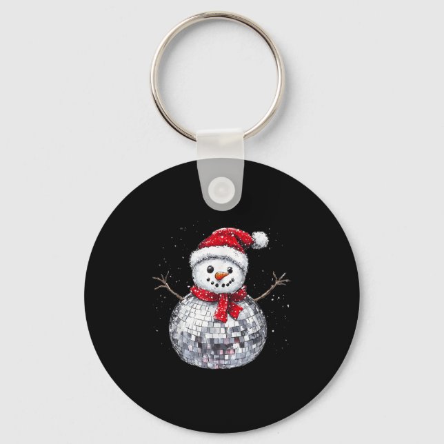 Snowman Christmas Retro Santa Hat Disco Ball Match Keychain (Front)