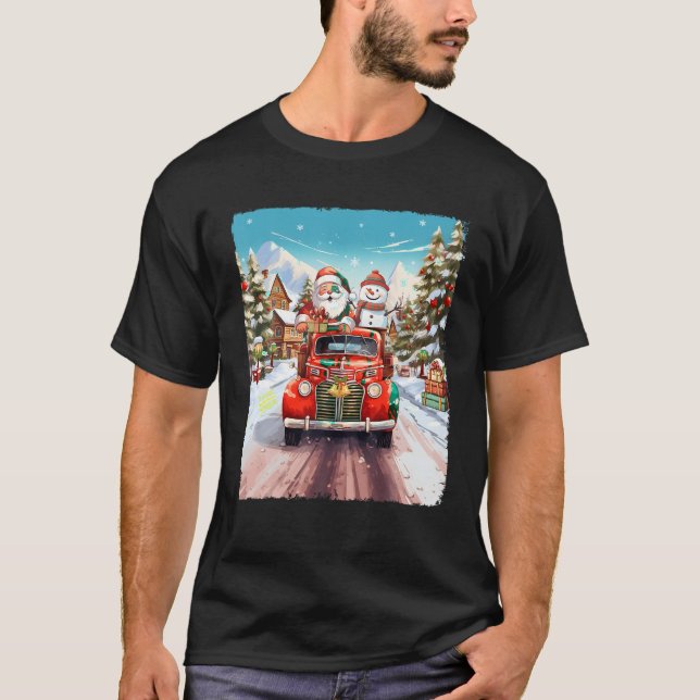 Snowman Christmas Santa Claus Red Truck Xmas Vibes T-Shirt (Front)