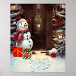 Snowman Christmas Scene Poster<br><div class="desc">Use this adorable Christmas poster as part of your home,  office or business decoration. The poster features a scene of a cute snowman with gifts at the front door of a house in a vintage watercolor image.</div>