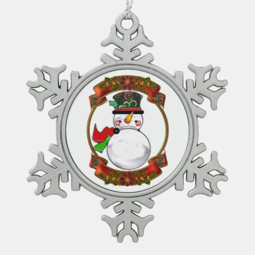 Snowman Christmas Snowflake Pewter Christmas Ornament