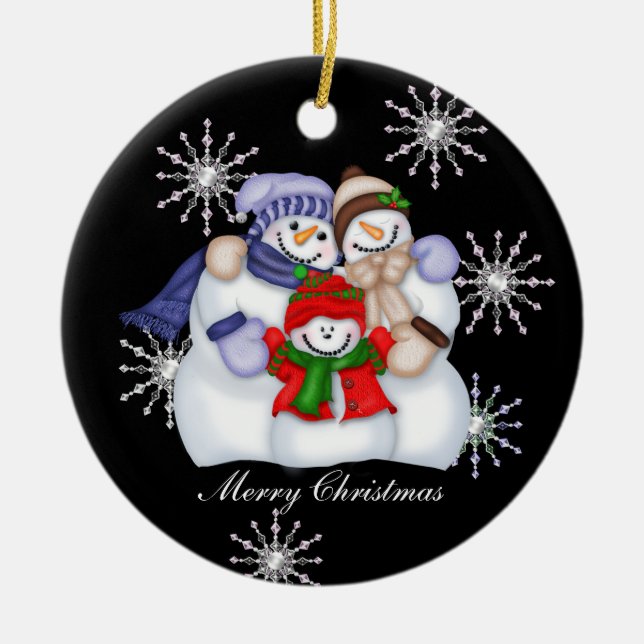 Snowman Christmas Snowflakes Ceramic Ornament (Front)