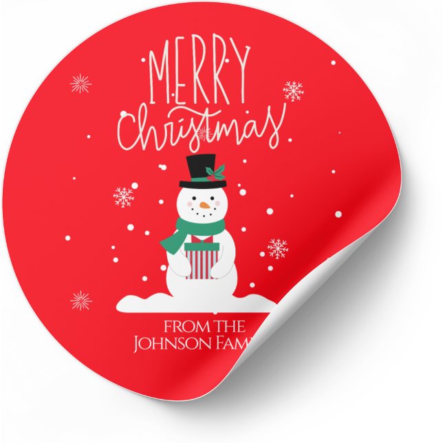 Snowman Christmas Stickers: Personalize Joy Classic Round Sticker (Creator Uploaded)