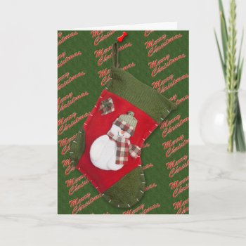 Snowman Christmas Stocking Over Green Custom Holiday Card by Exit178 at Zazzle