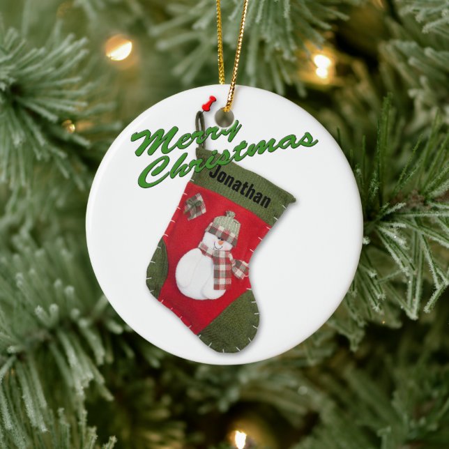 Snowman Christmas Stocking Photo Custom Name Ceramic Ornament (Tree)