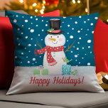 Snowman Christmas Throw Pillow<br><div class="desc">A cute snowman on a snowy night decorates this pillow with the words Happy Holidays. Personalize it by Changing the text to whatever you wish. Designed for you by Blackberry Boulevard.</div>