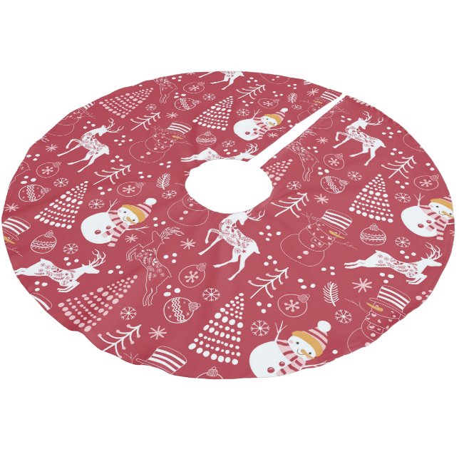 Snowman, Christmas Tree and Deer, Winter Red Brushed Polyester Tree Skirt (Angled)