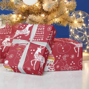 Snowman, Christmas Tree and Deer, Winter Red Wrapping Paper