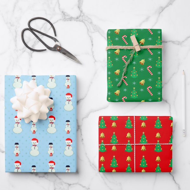 Snowman, Christmas tree, bells and snowflakes Wrapping Paper Sheets (Front)