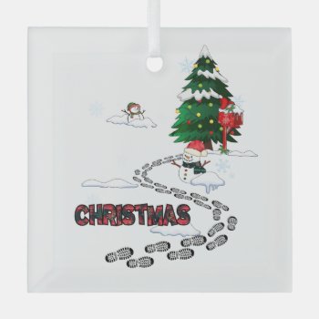 Snowman  Christmas Tree  Footprints  Snow Glass Ornament by Diamond_Willow at Zazzle