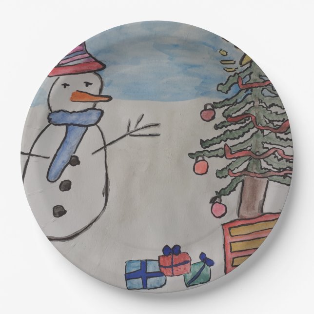 Snowman & Christmas Tree Paper Plates (Front)