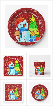 Snowman Christmas Tree Presents Year Text Red  