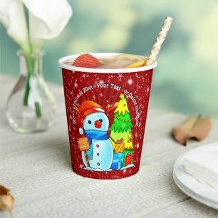 Snowman Christmas Tree Presents Year Text Red Paper Cups