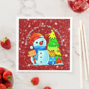 Snowman Christmas Tree Presents Year Text Red Paper Dinner Napkins