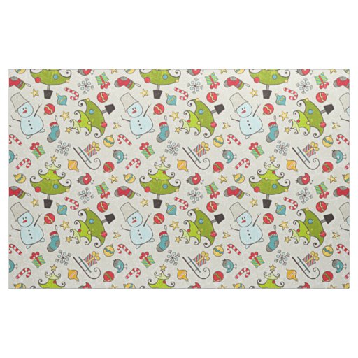 Snowman Christmas Tree Sleigh Illustration Fabric