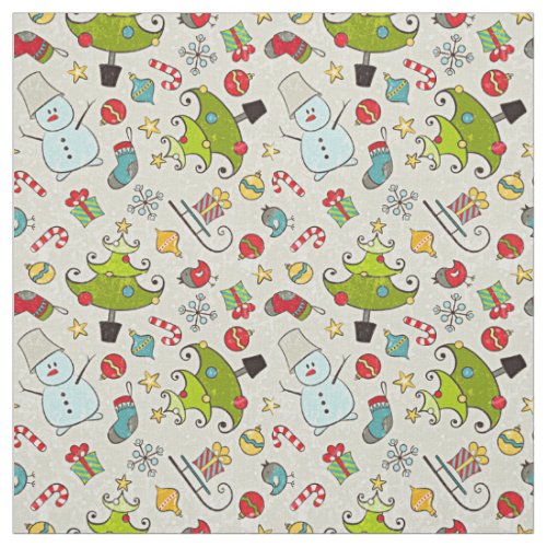 Snowman Christmas Tree Sleigh Illustration Fabric