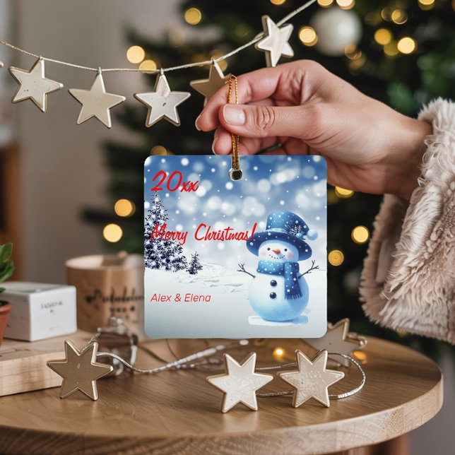 Snowman Christmas tree snow Metal Square Ornament (Creator Uploaded)