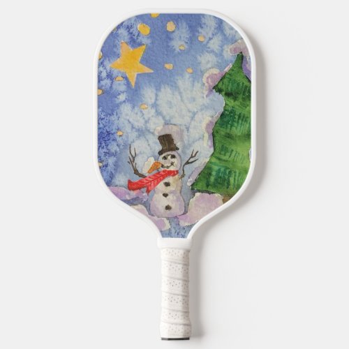 Snowman Christmas Tree Watercolor Painting Pickleball Paddle