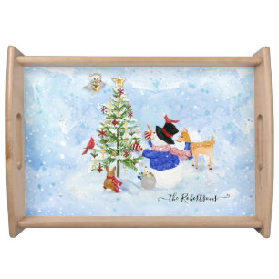 Snowman Christmas Tree Woodland Deer Watercolor P Serving Tray