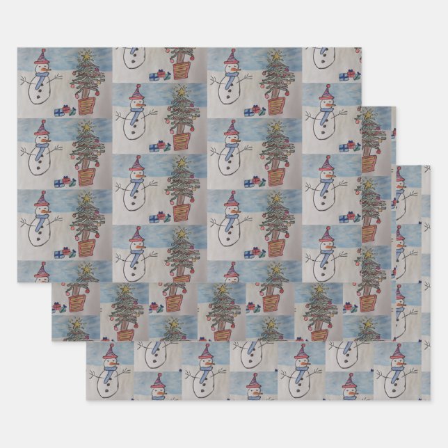 Snowman & Christmas Tree Wrapping Paper Sheets (Set)