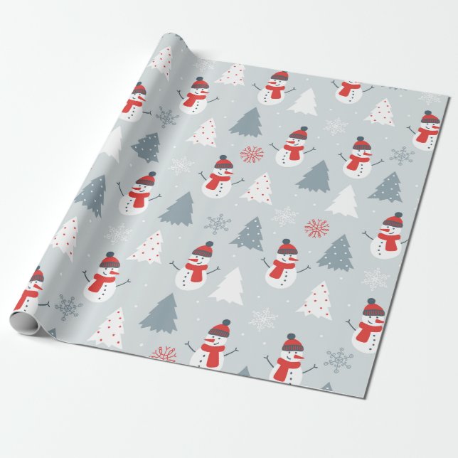 Snowman & Christmas Trees Christmas Pattern Wrapping Paper (Unrolled)
