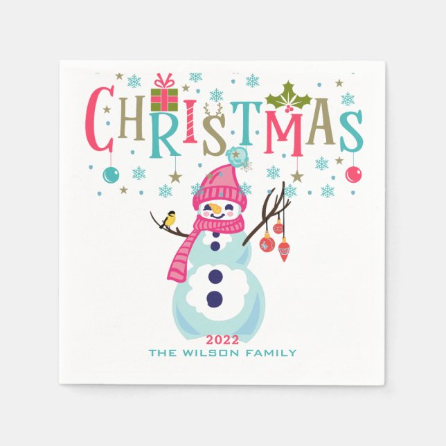 Snowman Christmas Turquoise Red Pink Personalized Napkins (Front)