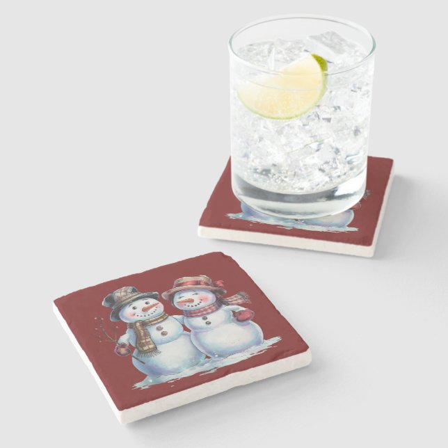 Snowman Christmas Vintage Holiday Stone Coaster (Side)