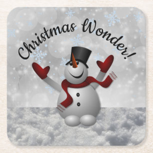 Snowman Christmas Wonder Fluttering Snowflakes Square Paper Coaster