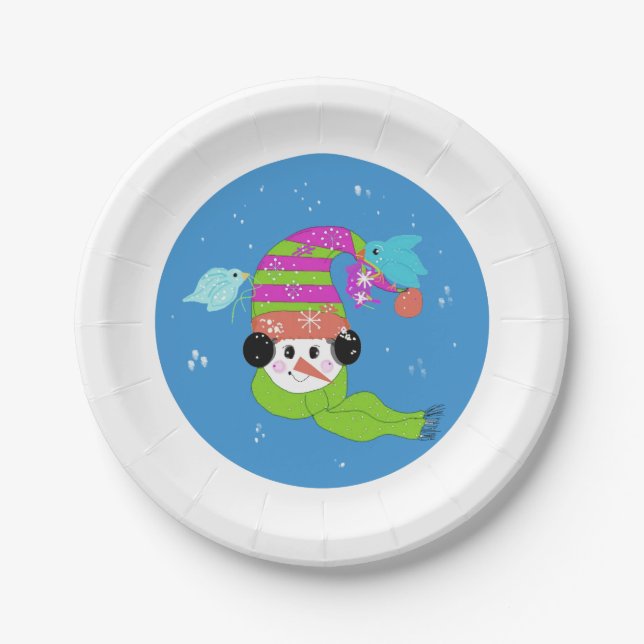 Snowman Cold Winter Birds Paper Plate (Front)