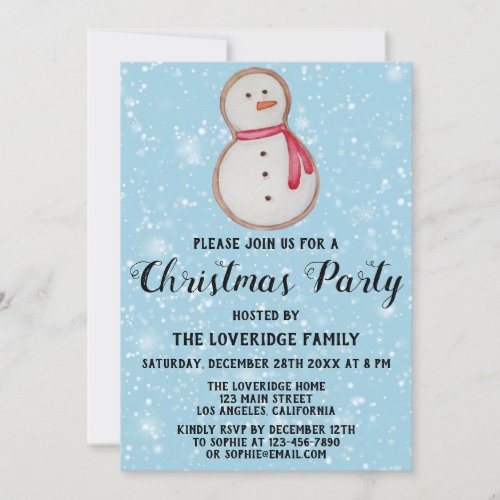 Snowman Cookie Holiday Christmas Party Blue Snow Invitation