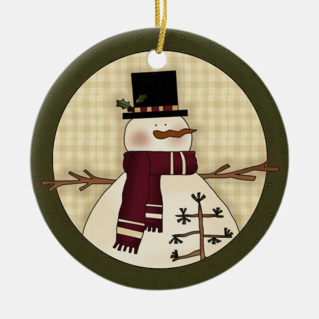 Snowman Country Christmas Keepsake Gift Ceramic Ornament (Front)