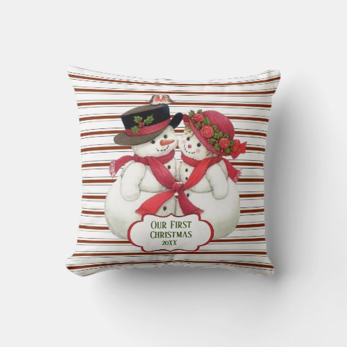 Snowman Couple And Candy Cane Stripes Throw Pillow