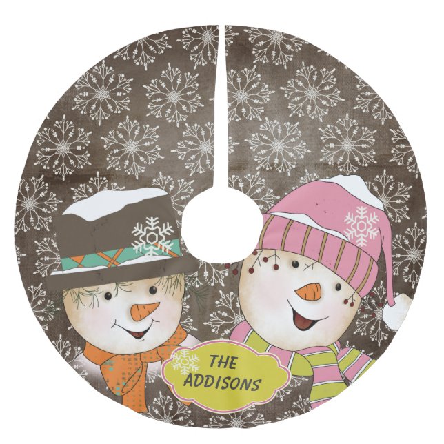 Snowman Couple Brown Snowflake Holidays Tree Skirt (Front)