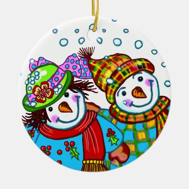 Snowman Couple  Ceramic Ornament (Front)