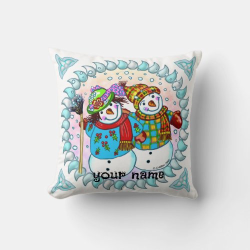 Snowman Couple custom name Throw Pillow